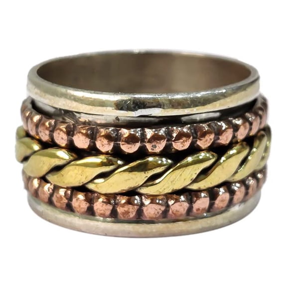 Twisted Spinner Band, Bohemian Ring, 925 Sterling Silver Ring, Spinning Thumb Ring, Three Tone Ring, Fidget Ring, Handmade Jewelry, Christmas Oxidized, Brass Copper Band, Anxiety Ring, Mans Band Gifts