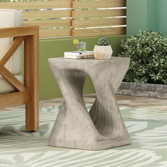 Twisted Spiral Accent Table with Wood Grain Texture, 11.75 Small Side Table for Living Room, Grey MGO End Table