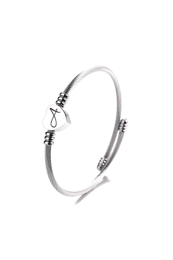 Twisted Steel Heart Cable Initial Bracelet- A