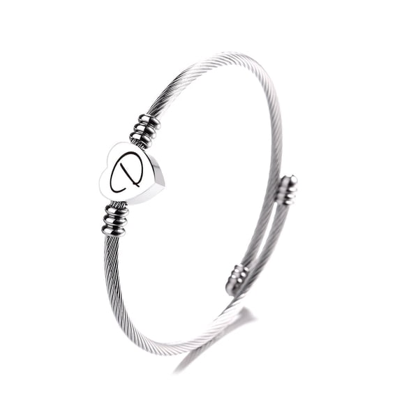 Amy and Annette Twisted Steel Heart Cable Initial Bracelet- D