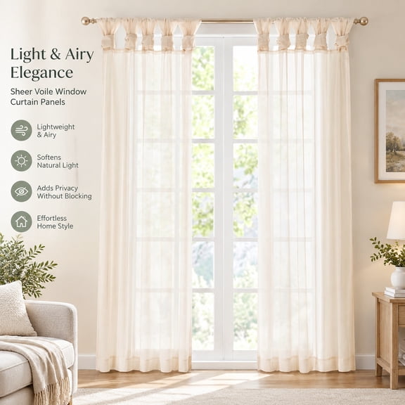 Twisted Tab Sheer Voile Window Curtain Panels, Lightweight and Elegant Window Treatments, Set of 2
