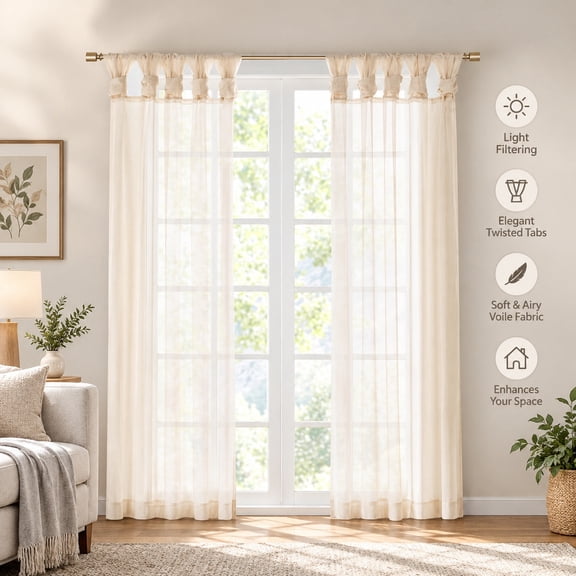 Twisted Tab Voile Sheer Window Curtain Panel Pair Light Filtering Decorative Drapes for Living Room Bedroom