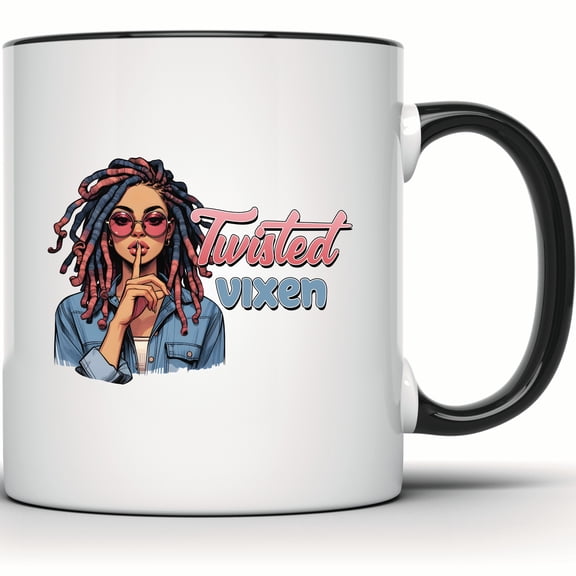 Twisted Vixen Mug, Black Woman Afro Hair Locs Sunglasses, Shhh Girl Boss Coffee Mug, Sassy Diva Queen Gift for Her - 11 Ounce Black Rim Handle Novelty Coffee Cup - WMUG1748-BLK