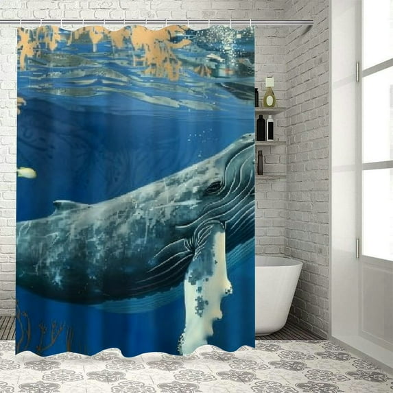 Orinice Whale Fish Ocean Bathroom Decor Set Colorful Luxurious Graphic Print Polyester Fabric Fashion with Hooks 36x72