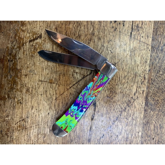 Twisted X Knife, 3 1/4" Stainless Steel Double Blade, Tie Dyed Handle