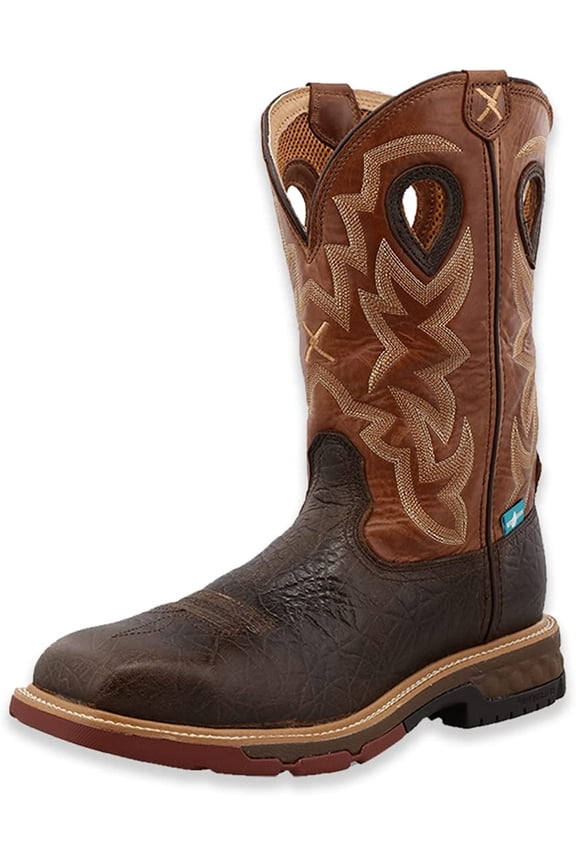 Men’s 12” Pull-On Work Boot - Cowboy Boots Crafted with Molded Rubber Outsole, Full-Grain Leather Vamp and ShaftAir-Mesh Lined Shaft, Smokey Chocolate & Spice 13 EE