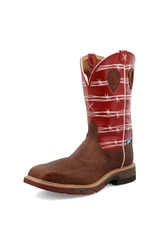 Adult Male 12in Western Work Boots, Color: Distressed Saddle & Ruby, Size: 12, Width: EE