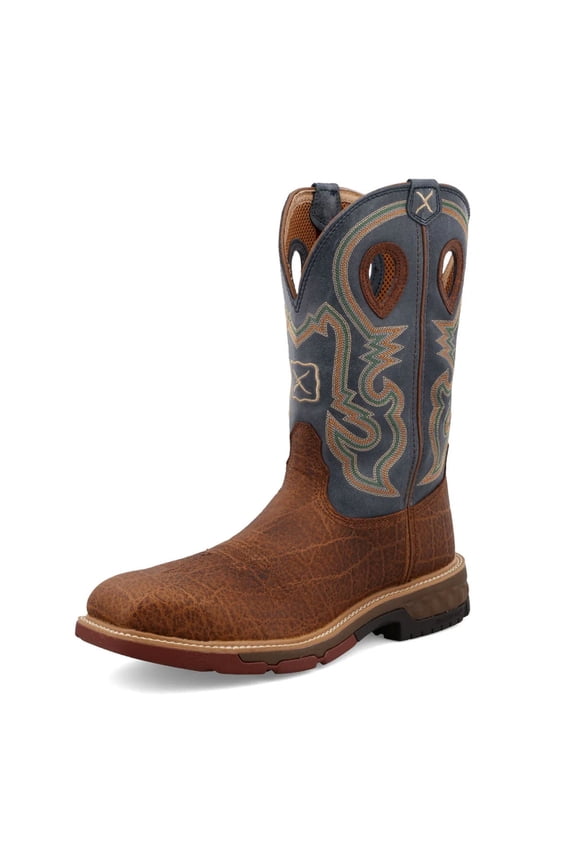 Male 12" Western Work Boots, Color: Distressed Saddle & Peacock, Size: 13, Width: EE