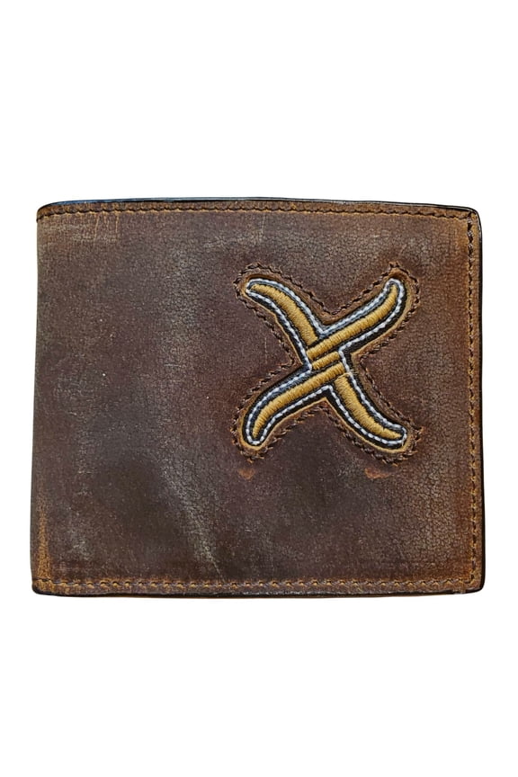 Mens Distressed Leather Bifold Wallet (Brown/Yellow)