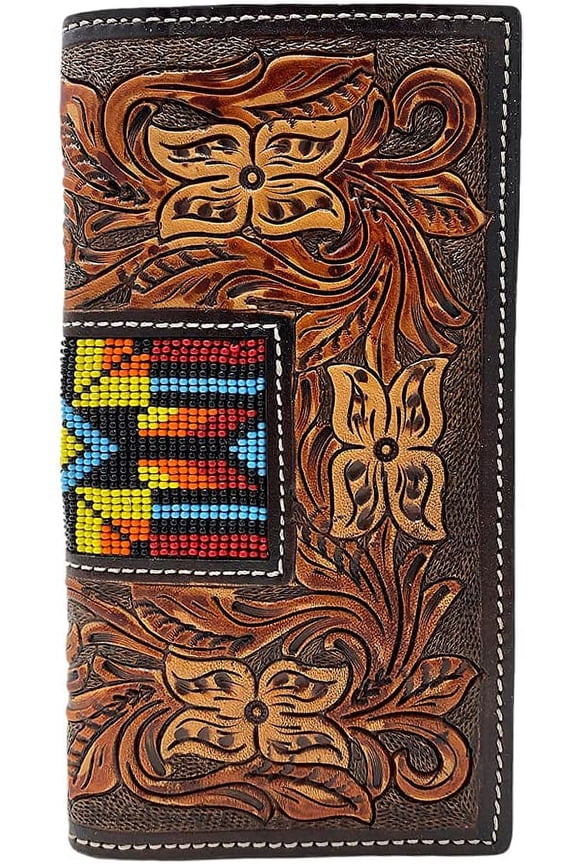 Mens Multi Tone Beaded Hand Tooled Leather Rodeo Wallet (Brown)