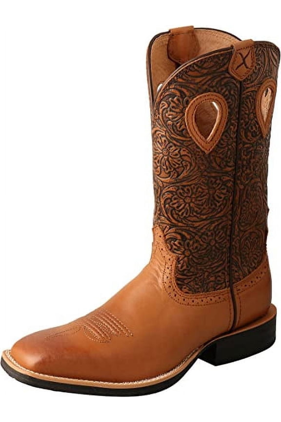 Women's Ruff Stock Boot - Mid-calf Full-grain Leather Western Cowboy Boots with Floral Embroidery in Oiled Bomber, Tan & Tooled Brown, 10 B