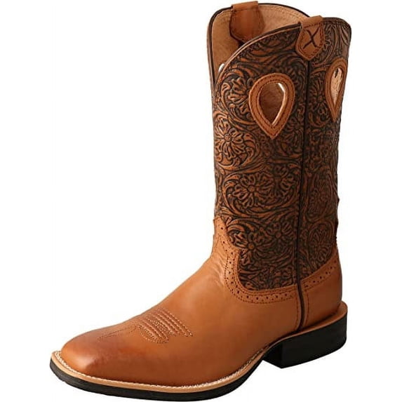 Twisted X Women's Ruff Stock Boot - Mid-calf Full-grain Leather Western Cowboy Boots with Floral Embroidery in Oiled Bomber, Tan & Tooled Brown, 6 B