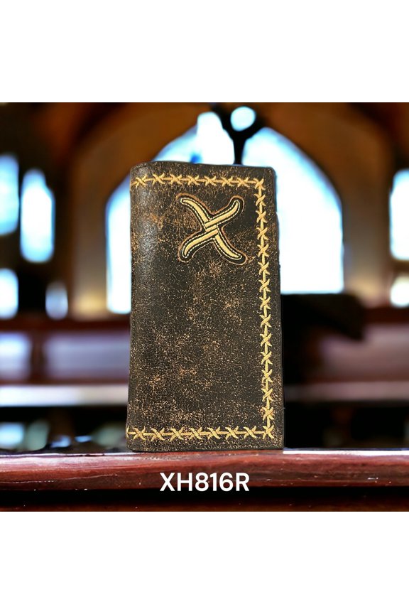 XH816R Mens Rodeo Wallet Cross Stitch Distressed Tooled Leather Brown