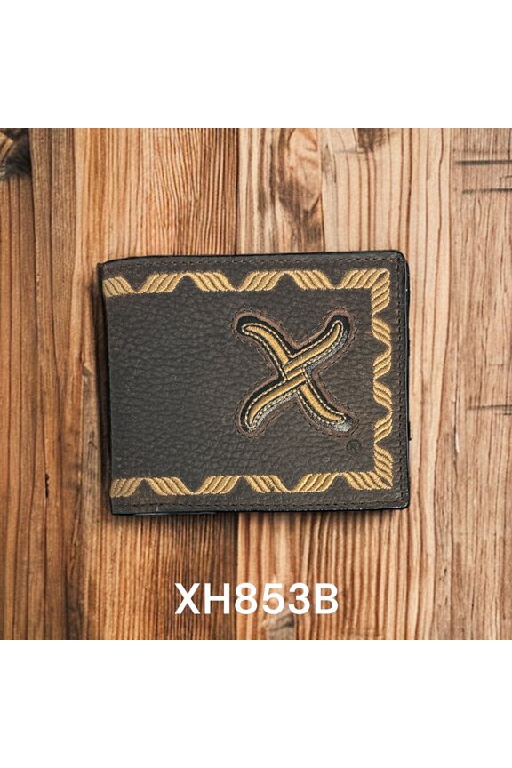 XH853B Mens Bifold Wallet Embroidered Rope Border Brown Leather