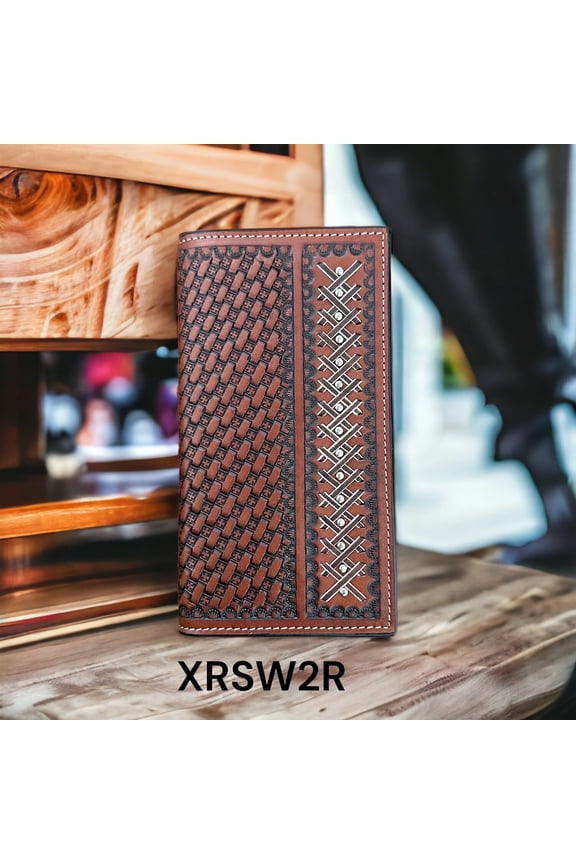 XRSW2R Men's Rodeo Wallet Tooled Scalloped Studded Basketweave Brown Leather