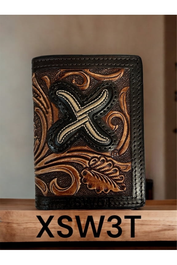 XSW3T Mens Trifold Wallet Tooled Leather Cross Overlay Brown