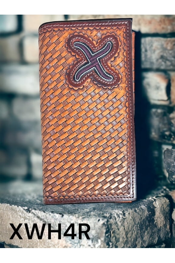 XWH4R Mens Long Rodeo Wallet Tooled Basketweave Brown Leather