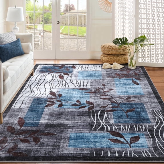 Memoryfield 10' x 13' Washable Area Rug, Modern Floral Non Slip Rugs, Soft Foldable Accent Rugs Carpet for Indoor Living Room Bedroom, Blue & Gray