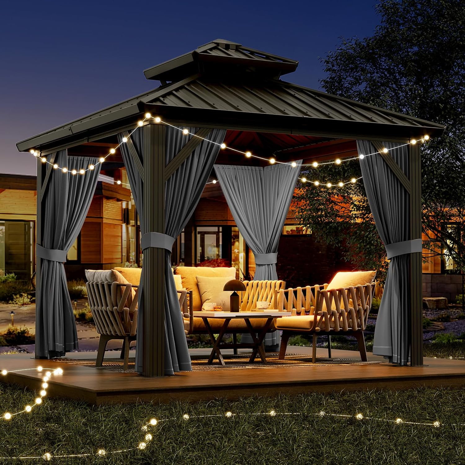 Twister.CK 10x10ft Gazebo, Hardtop Double Roof Canopy with Netting and Curtains, Outdoor Galvanized Iron Aluminum Frame Garden Tent for Patio, Backyard, Deck, Lawns, Gray