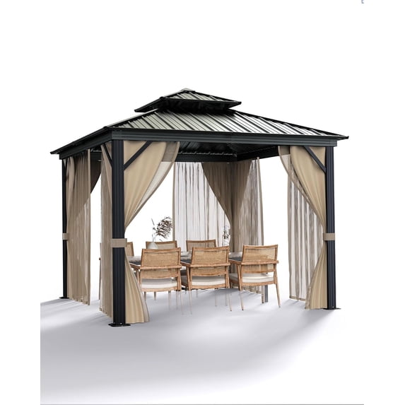 Twister.CK 14x10ft Pavilion Gazebo, Hardtop Double Roof with Netting and Curtains, Gray