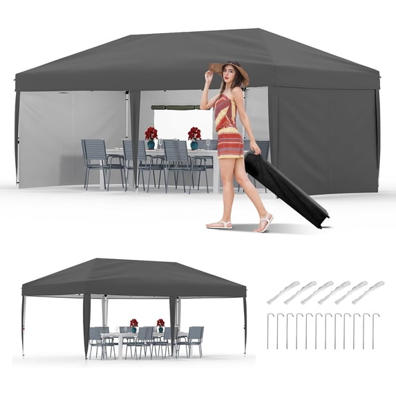 Twister.CK 10x20 Pop Up Canopy Tent with 4 Sidewall, Heavy-Duty Rust-Proof Frame Party Tent, 3 Adjustable Heights, Roller Bag, 6 Sandbags, UV Protection for Backyard Patio Garden Party, Gray