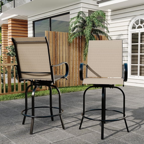 Twister.CK 2 Pcs Outdoor Swivel Metal Bistro Bar Stools, Patio Bar Counter Height Textilene Chairs, Brown