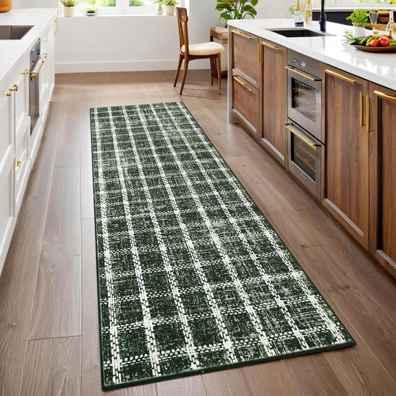 Twister.CK 2' x 6' Plaid Runner Rugs, Modern Washable Stain-Resistant Carpet, Non Slip Indoor Area Rug for Living Room Dining Room Office, Green