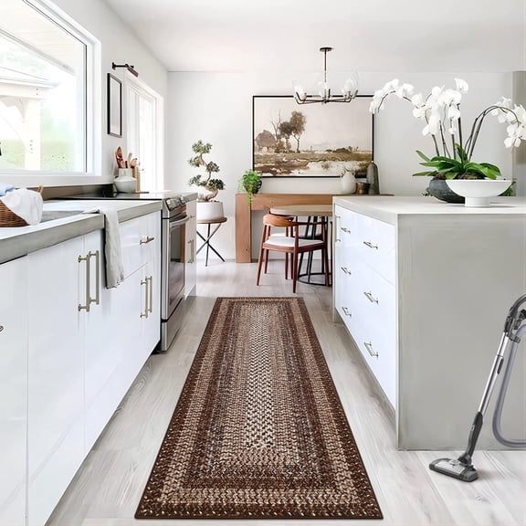 Twister.CK 2'x10' Braided Print Runner Rug, Machine Washable Non Slip Bedroom Runner Rugs for Kitchen Hallway Laundry Room, Brown
