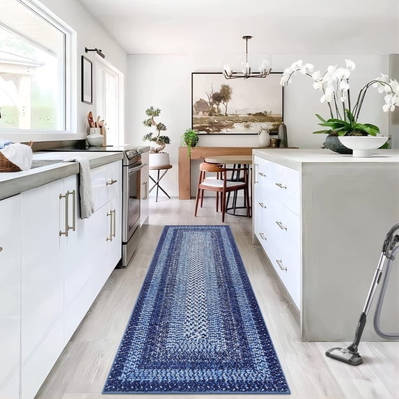 Twister.CK 2'x10' Braided Print Runner Rug, Machine Washable Non Slip Bedroom Runner Rugs for Kitchen Hallway Laundry Room, Navy Blue