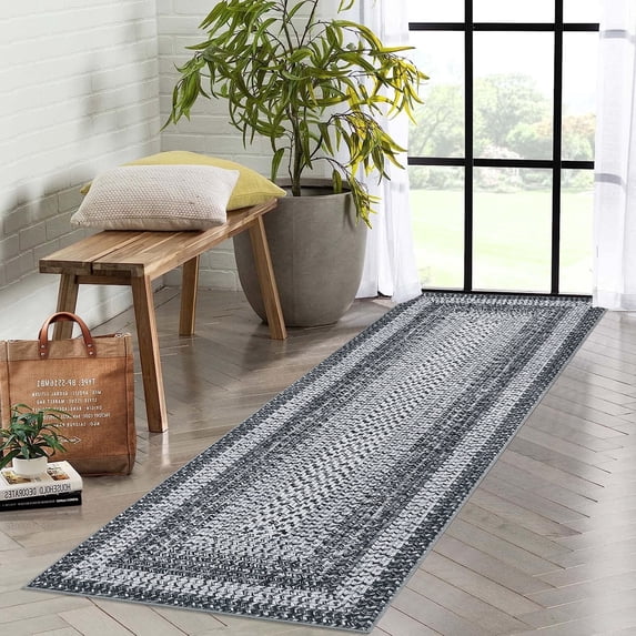 Twister.CK 2'x6' Braided Print Runner Rug, Machine Washable Non Slip Bedroom Runner Rugs for Kitchen Hallway Laundry Room, Gray