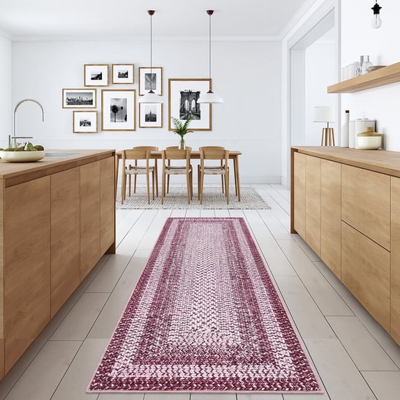 Twister.CK 2'x6' Braided Print Runner Rug, Machine Washable Non Slip Bedroom Runner Rugs for Kitchen Hallway Laundry Room, Pink
