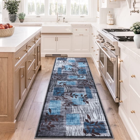 Memoryfield 2'x6' Kitchen Runner Rug, Modern Floral Runners Non-Slip Soft Foldable Carpet for Hallway Laundry Room, Blue & Gray