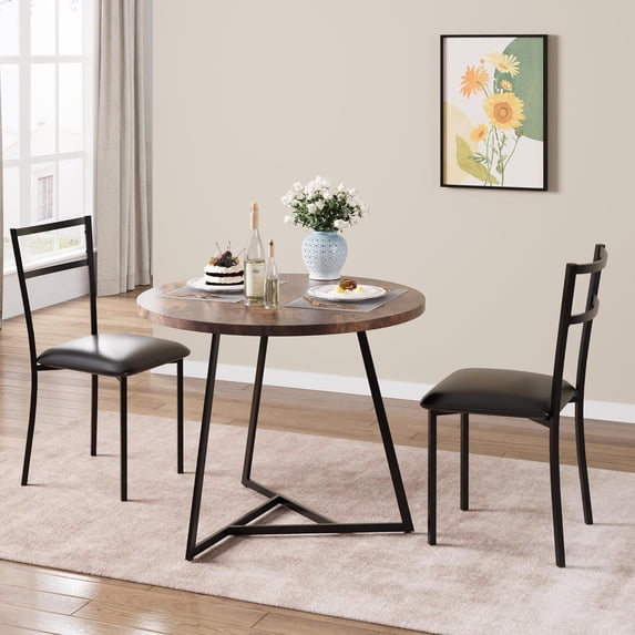 Twister.CK 3 Piece Round Dining Table Set, Kitchen Table and Chairs for 2, with 2 Upholstered Chairs & 2 Heat Resistant Placemats, for Small Space, Apartment, Brown