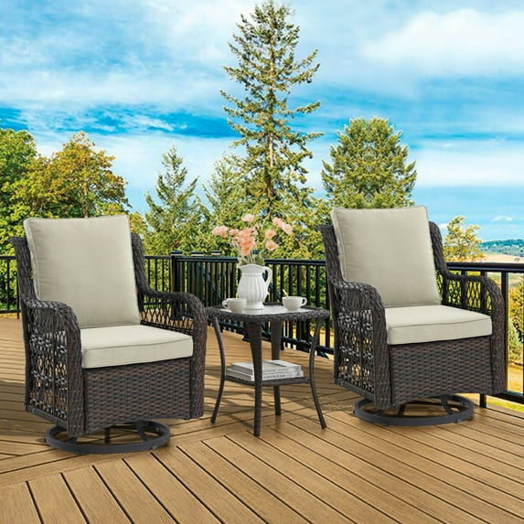 Twister.CK 3 Pieces Patio Furniture Set, Outdoor Swivel Gliders Rocker, Wicker Patio Bistro Set with Rattan Rocking Chair, Glass Top Side Table and Thickened Cushions for Porch Deck Backyard