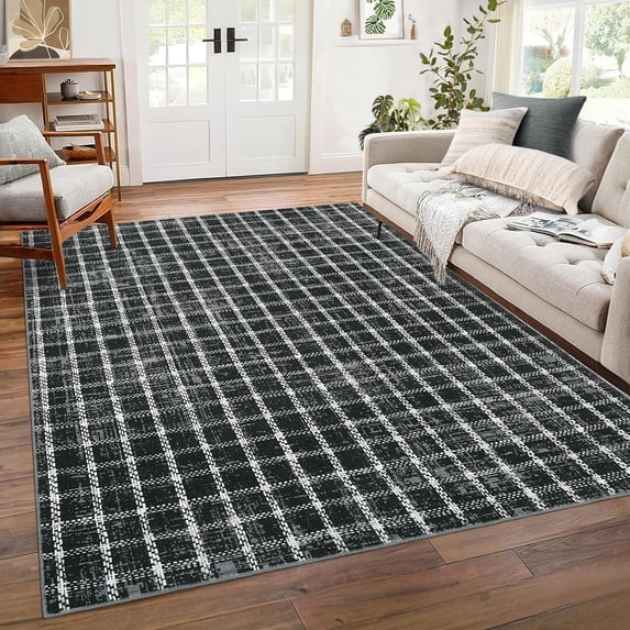 Twister.CK 3' x 5' Plaid Area Rugs, Modern Washable Stain-Resistant Carpet, Non Slip Indoor Rug for Living Room Dining Room Office, Black