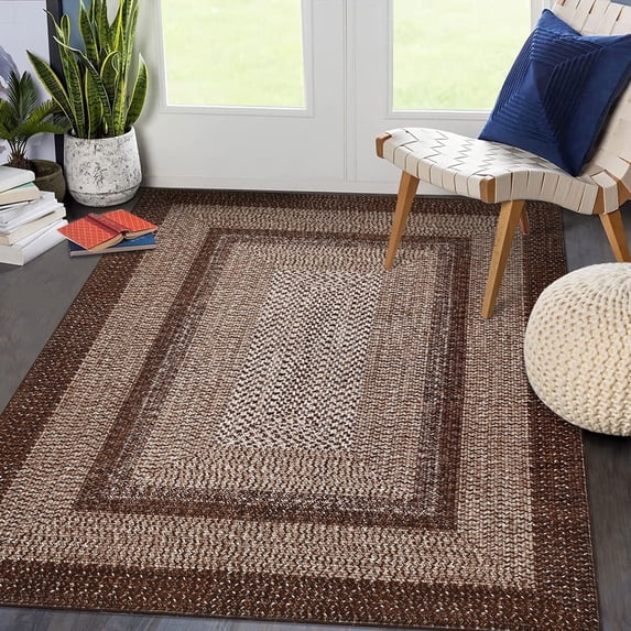 Twister.CK 3'x5' Modern Braided Print Area Rug, Low Pile Non Slip Carpet, Geometric Bordered Area Rugs for Living Room Bedroom Home Office, Brown