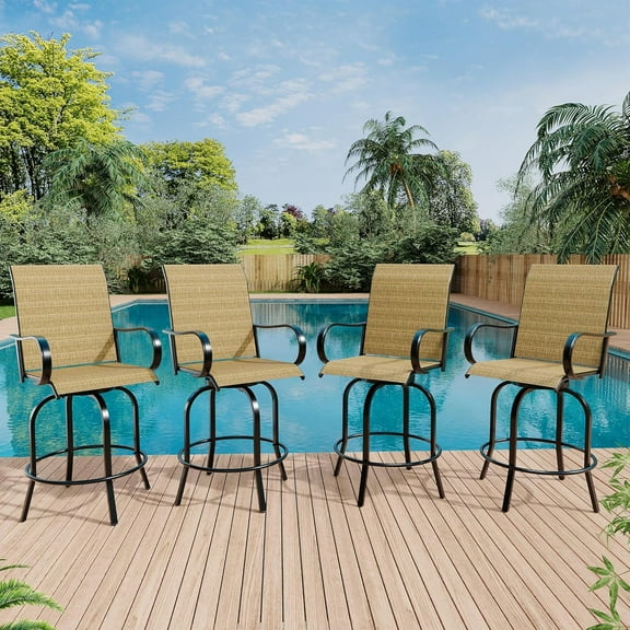 Twister.CK 4 Pcs Outdoor Swivel Metal Bistro Bar Stools, Patio Bar Counter Height Textilene Chairs, Gold