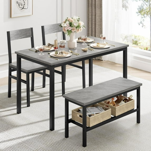 Twister.CK 4 Piece Dining Table Set, Kitchen Table and 2 Chairs, Bench with Storage Rack, for Dining Room, Apartment, Gray