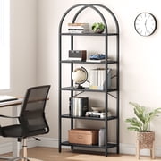 Memoryfield 5 Tier Bookcase, Arched Display Racks Bookshelves, Metal Frame Modern Storage Rack Shelf Large Wood Book Shelf for Bedroom, Living Room, Home Office, Black