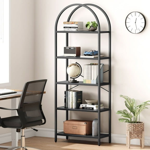 Twister.CK 5 Tier Bookcase, Arched Display Racks Bookshelves, Metal Frame Modern Storage Rack Shelf Large Wood Book Shelf for Bedroom, Living Room, Home Office, Black