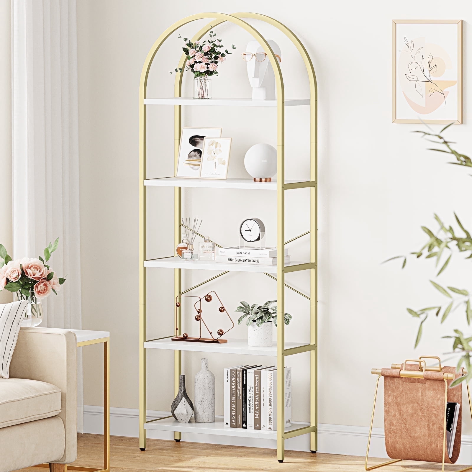 Memoryfield 5 Tier Bookcase, Arched Display Racks Bookshelves, Metal Frame Modern Storage Rack Shelf Large Wood Book Shelf for Bedroom, Living Room, Home Office, Golden + White