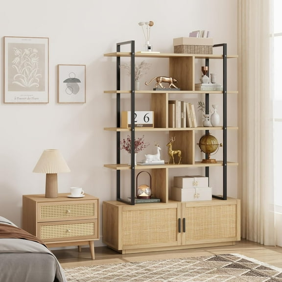 Twister.CK 5 Tier Rattan Bookshelf with Storage Cabinet & Door, 71.1" Tall Industrial Bookcase with Open Display Shelves, for Living Room, Bedroom, Natural