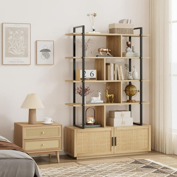 Twister.CK 5 Tier Rattan Bookshelf with Storage Cabinet & Door, 71.1" Tall Industrial Bookcase with Open Display Shelves, for Living Room, Bedroom, Natural