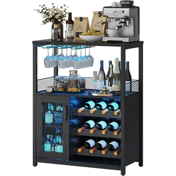 Twister.CK 5 Tier Wine Bar Cabinet with LED Light, Bar Cabinet with Detachable Wine Rack and Glass Holder, Storage Space for Kitchen Living Room Bar, Black