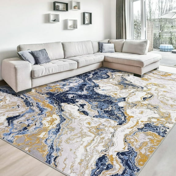 Twister.CK 5' x 7' Washable Rugs, Modern Marble Print Area Rug, Low Pile Stain-Resistant Carpet, for Living Room Home Office, Blue