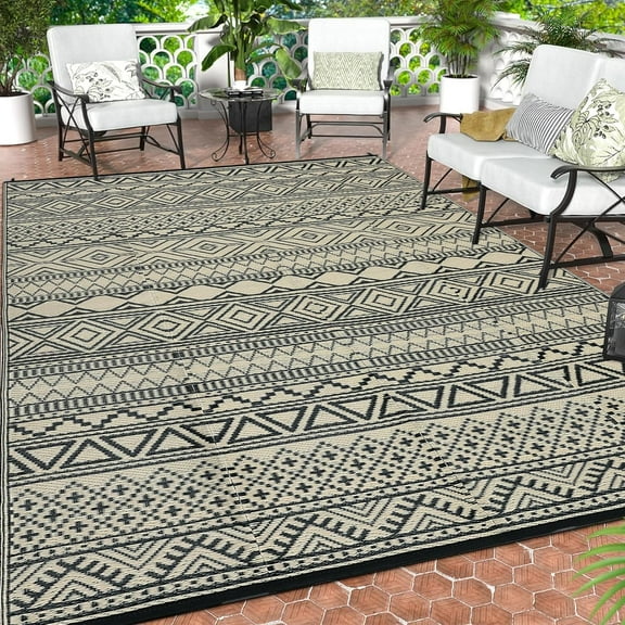 Twister.CK 5' x 8' Plastic Outdoor Rugs, Waterproof Bohemia Straw Rug Reversible Outside Carpet for Patio Deck Porch Backyard Camping Picnic Beach, Black & Brown