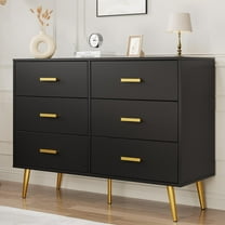 Twister.CK 6 Drawer Dresser, Modern Wooden Double Dresser with Gold Handles and Storage Space, Chest of Drawers for Bedroom, Hallway, Living Room, Entryway, Black