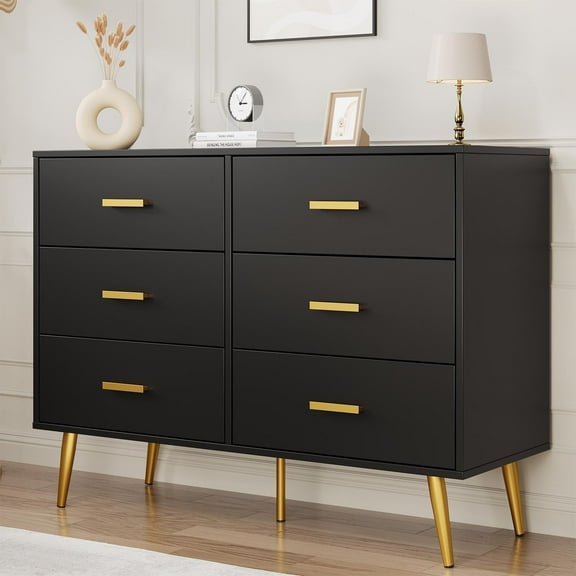 Twister.CK 6 Drawer Dresser, Modern Wooden Double Dresser with Gold Handles and Storage Space, Chest of Drawers for Bedroom, Hallway, Living Room, Entryway, Black