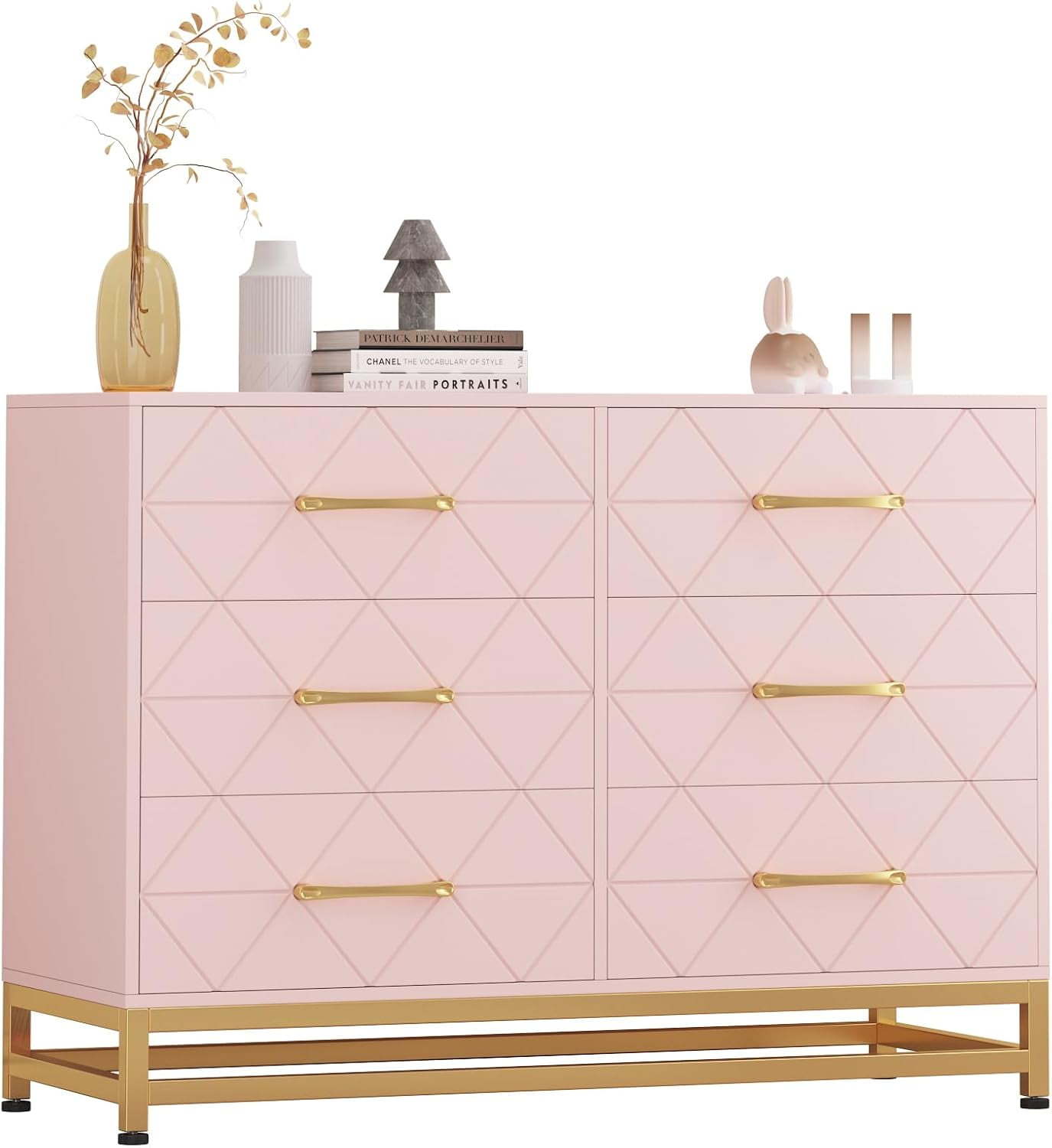 Twister.CK 6 Drawers Double Dresser for Bedroom, Chest of Drawers for Living Room Hallway Entryway, Pink