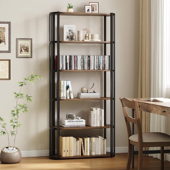 Memoryfield 6 Tier Bookshelf with Metal Frame, Industrial Tall Bookcase, Freestanding Open Back Display Rack, Storage shelf, for Bedroom, Living Room, Brown